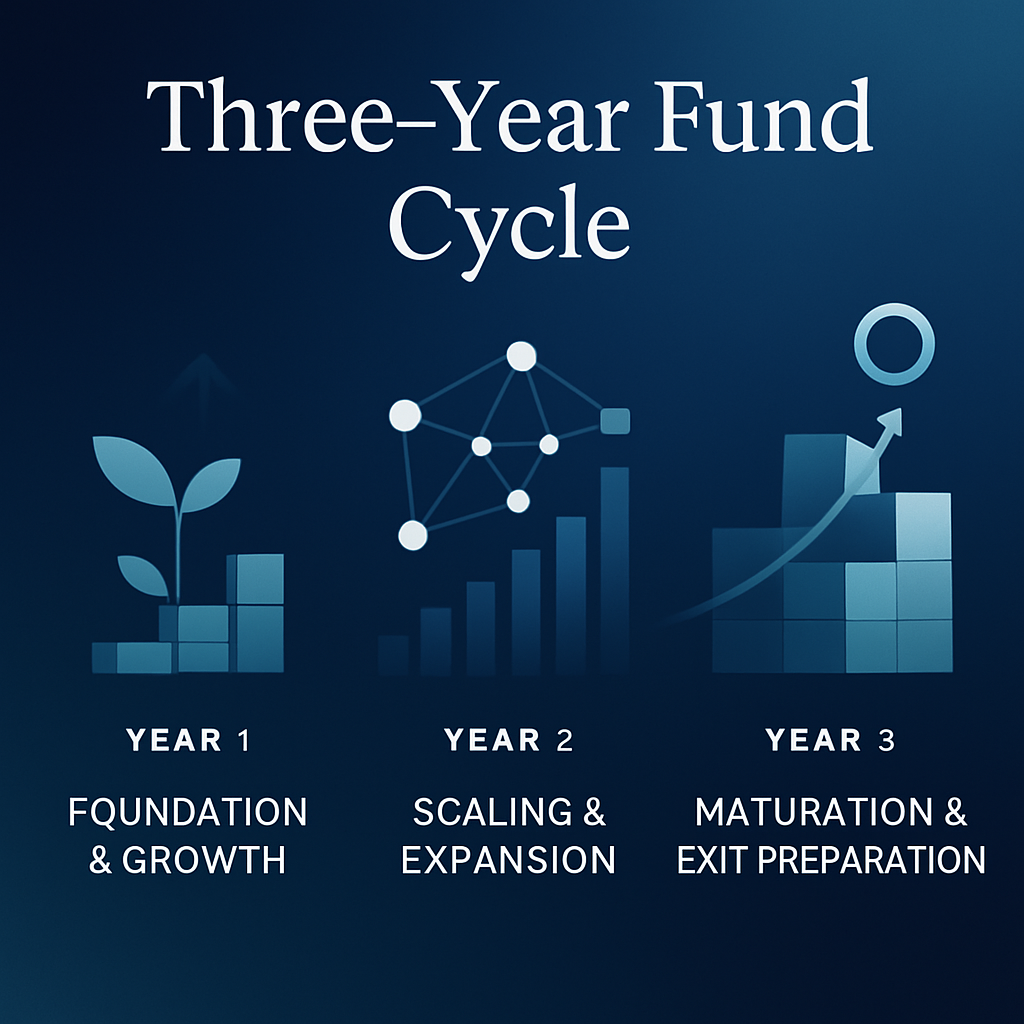 UGF three-year venture capital fund cycle visualization showing investment stages